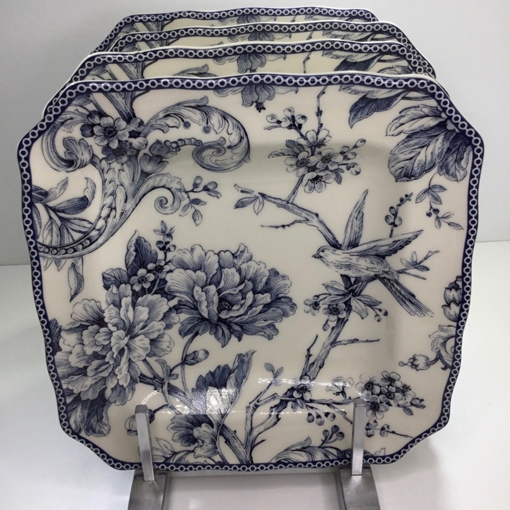 4 Square Salad Plates Porcelain 222 Fifth Adelaide Blue Bird Square 8.5" New